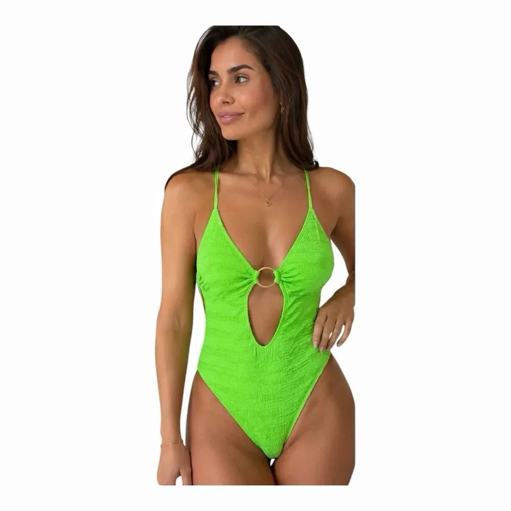 Neon Green Textured One Piece Swimsuit Open Back Ring Detail Criss Cross Size S